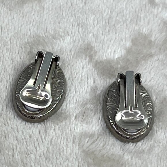 Vintage Art Deco Style Earrings Clip On Burgundy Yellow Silver Tone Oval Rhinest - Picture 4 of 5